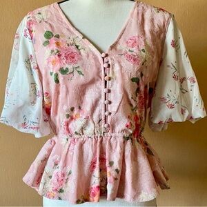 HEMANT & NANDITA Pink Floral Peplum Button-Front Blouse